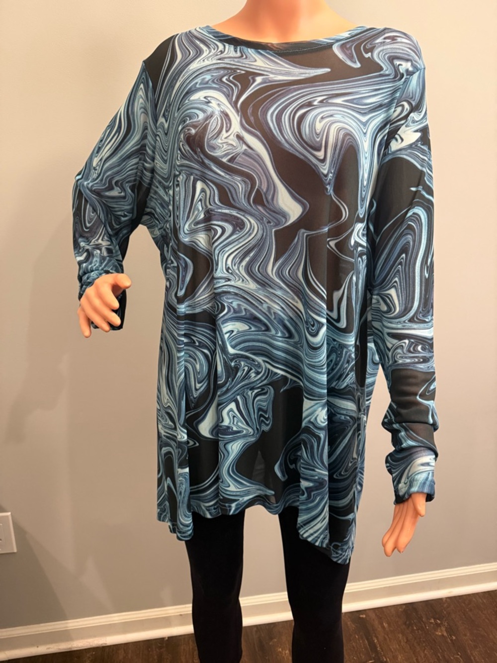 LOGO Layers by Lori Goldstein Blue Marble Print Sheer Mesh Long Sleeve Tunic